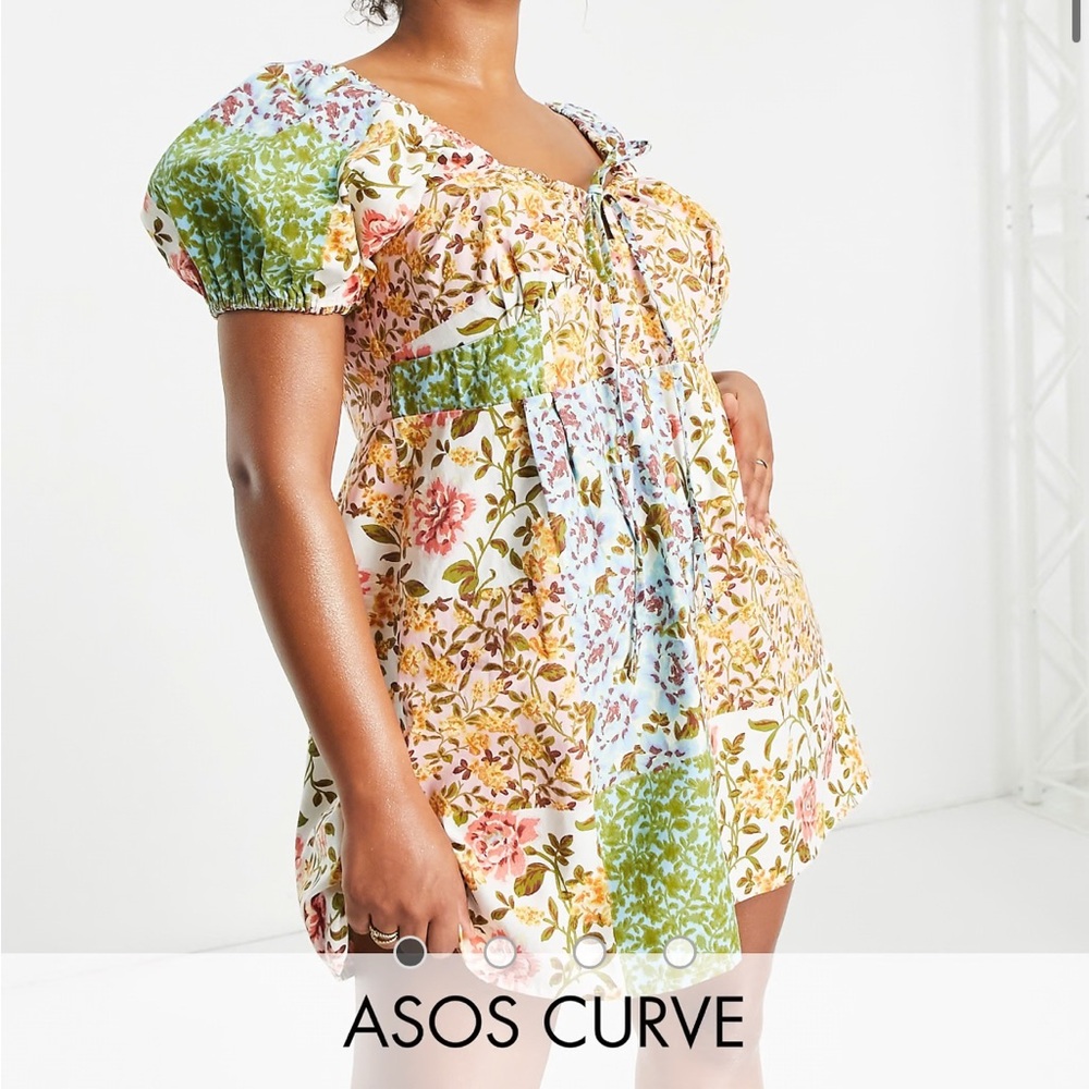 ASOS Design Curve Twill Button Up Sweetheart Mini Tea Floral Dress